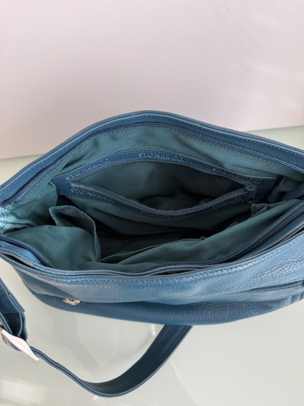 Stone & Co Turquoise Blue Leather Shoulder Bag EUC Classic Everyday Tote - Picture 8 of 16